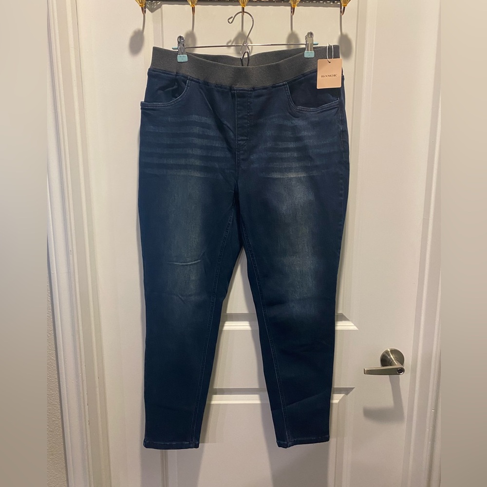 BloomChic Women Plus Size Dark Blue Jean Jegging with Gray Waistband - 18
